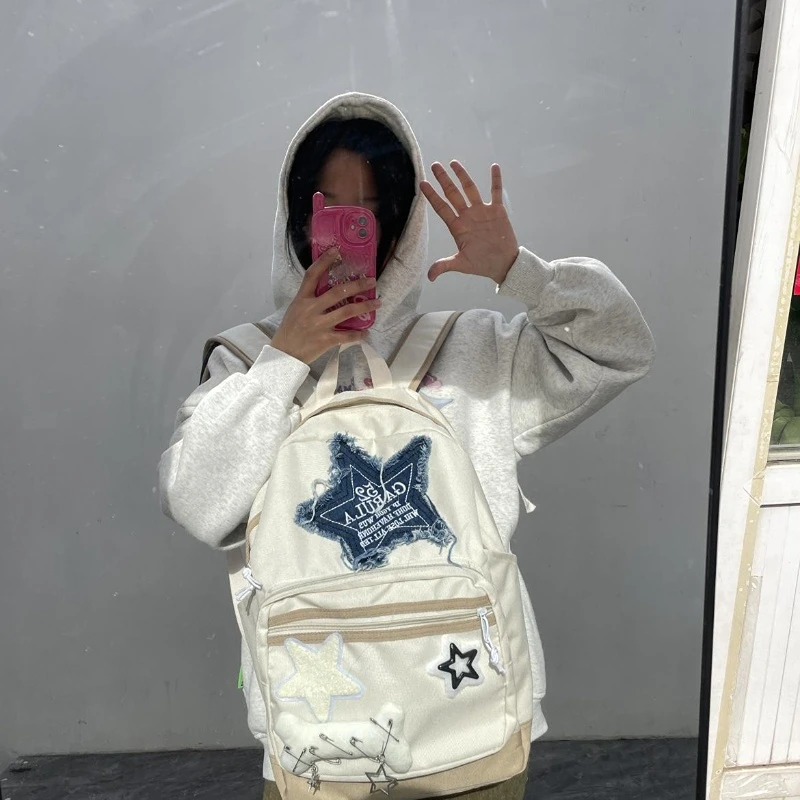 

Vintage School Bag Fashion Denim Letter Star Backpack Sweet Casual Korean School Bags Color Full Match Backpack Student Juvenile