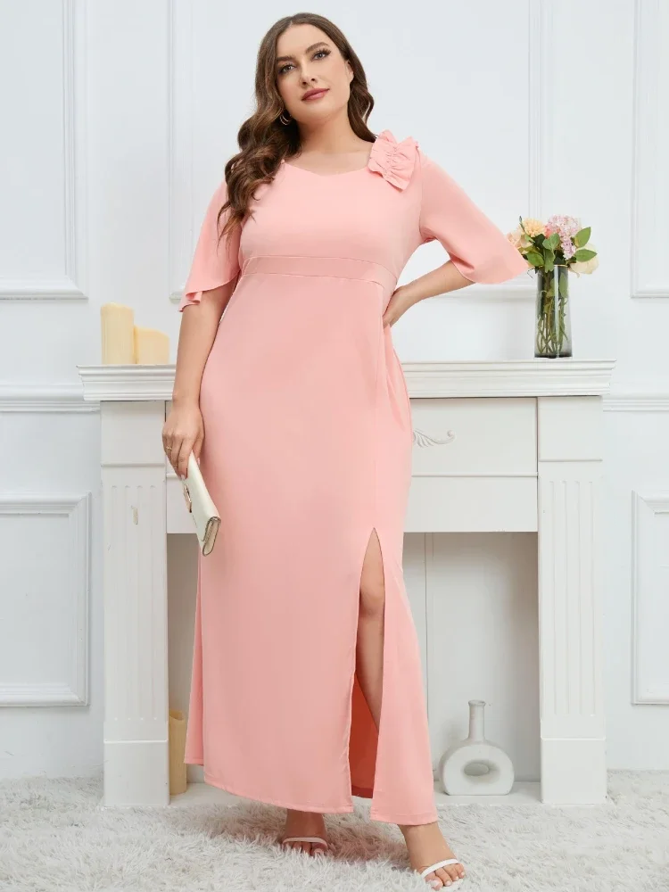 Элегантные розовые платья для женщин с круглым вырезом рукавом-бабочкой