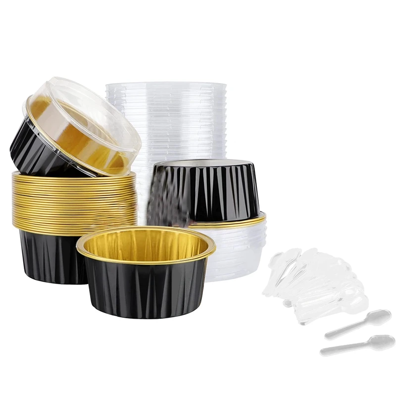 

50Pcs Aluminum Foil Cupcake Liners Cups With Lids And Spoon , 5Oz Disposable Cake Cups For Wedding Birthday Party