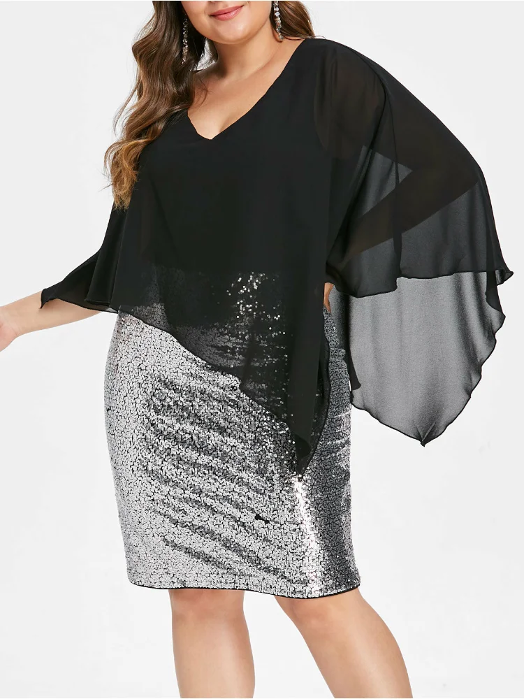 Sequin chiffon shawl dress plus size women clothing  v neck party dress