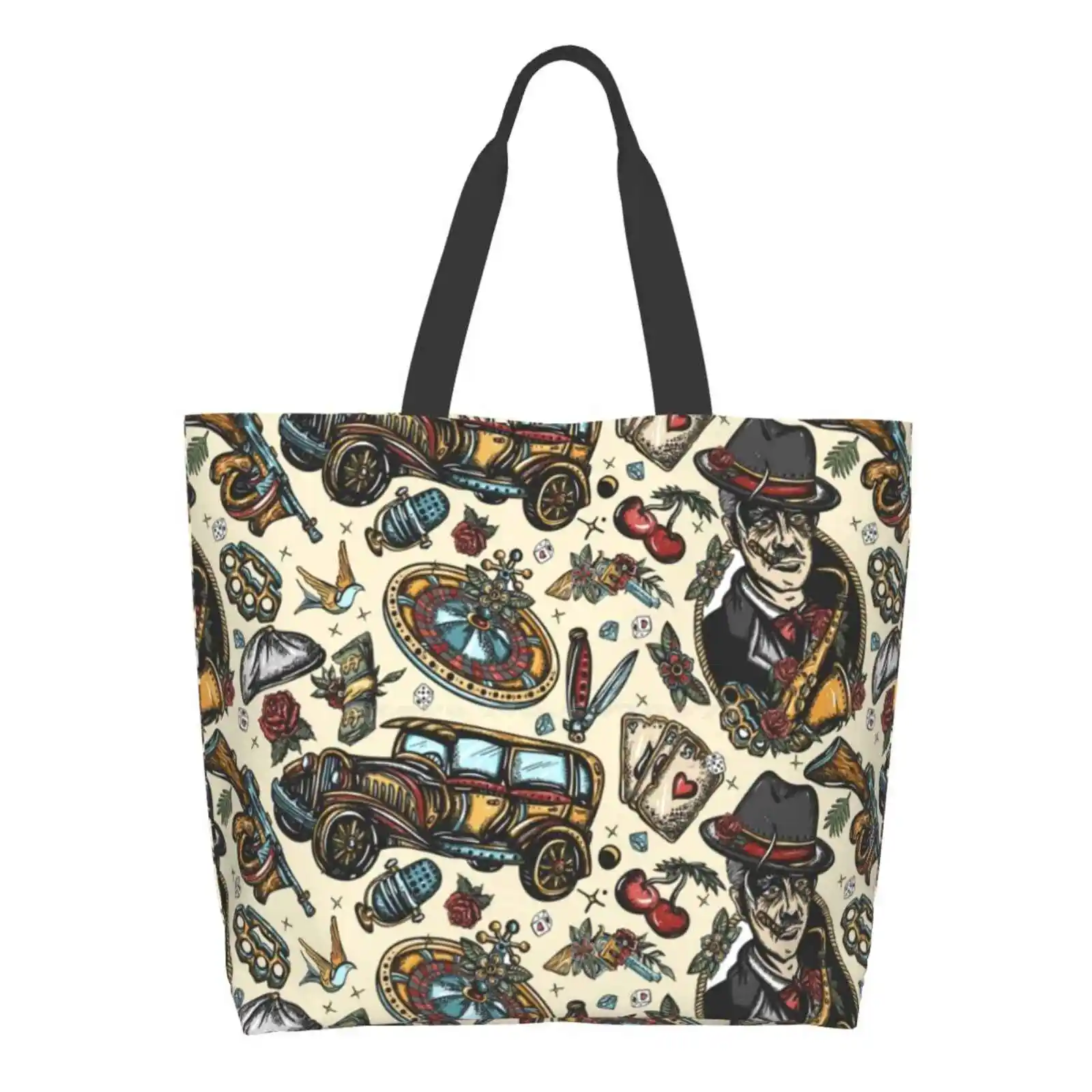 

Mafia Pattern Designer Handbags Shopping Tote 1920S 1930S America American Car Casino Character Cherry Chicago Cigar True Crime