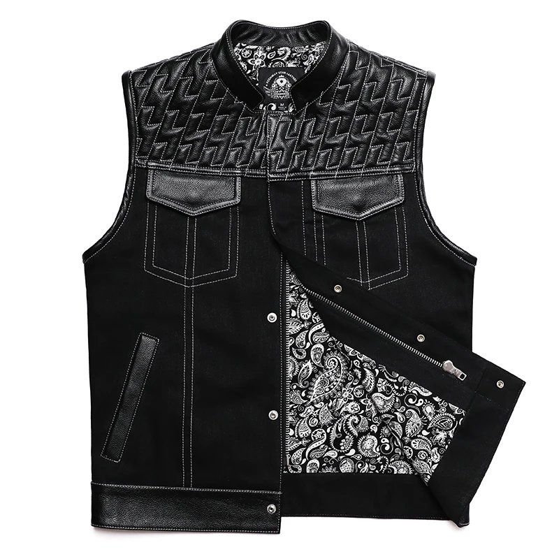 SOA Club Style Motorcycle Real Leather Vest Men Cowhide Denim Patchwork Waistcoat Sons of Anarchy Biker Vests DS MC Man Sleevele |