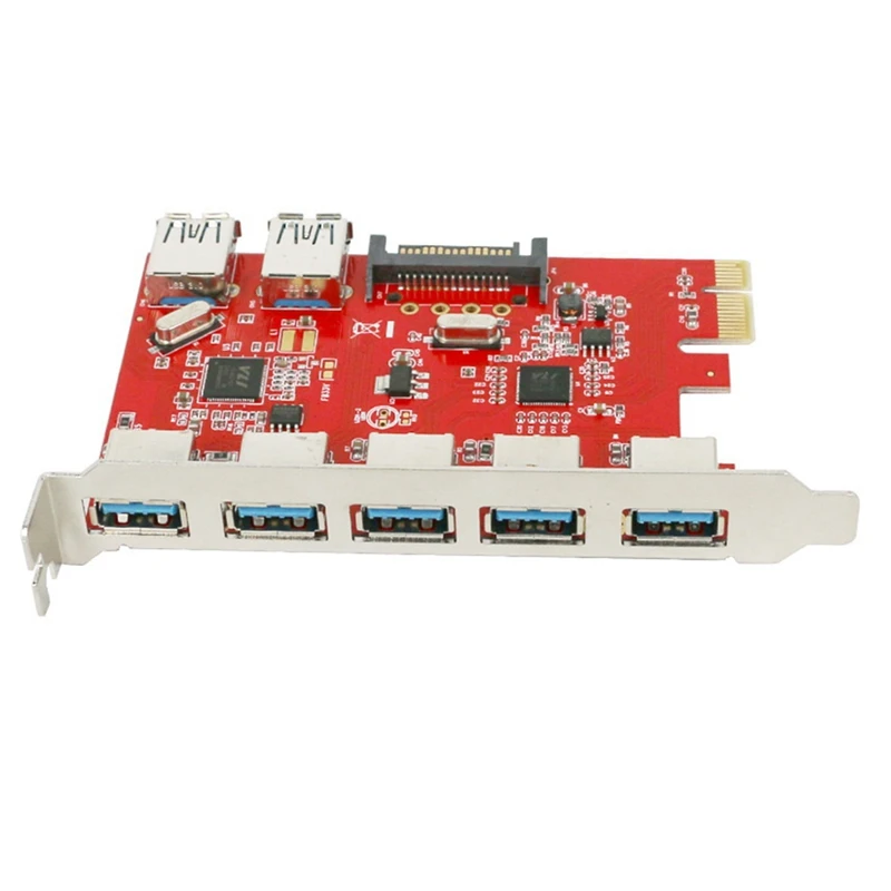 

7 Port USB3.0 PCI Express PCIe Controller 5X External Ports 2X Internal- 15 Pin SATA Power Connection Interface Card