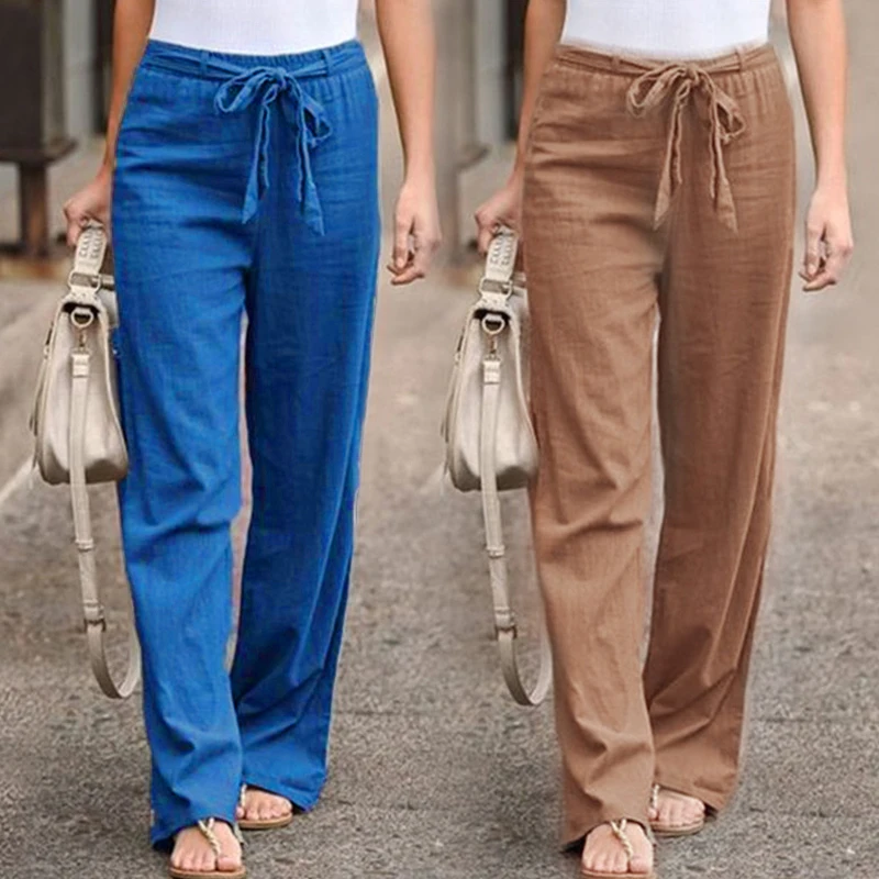 Women Casual Cotton Linen Pants Fashion Solid Color Elastic Waist Loose Straight Pants Female Ankle-length Trousers Summer Pants