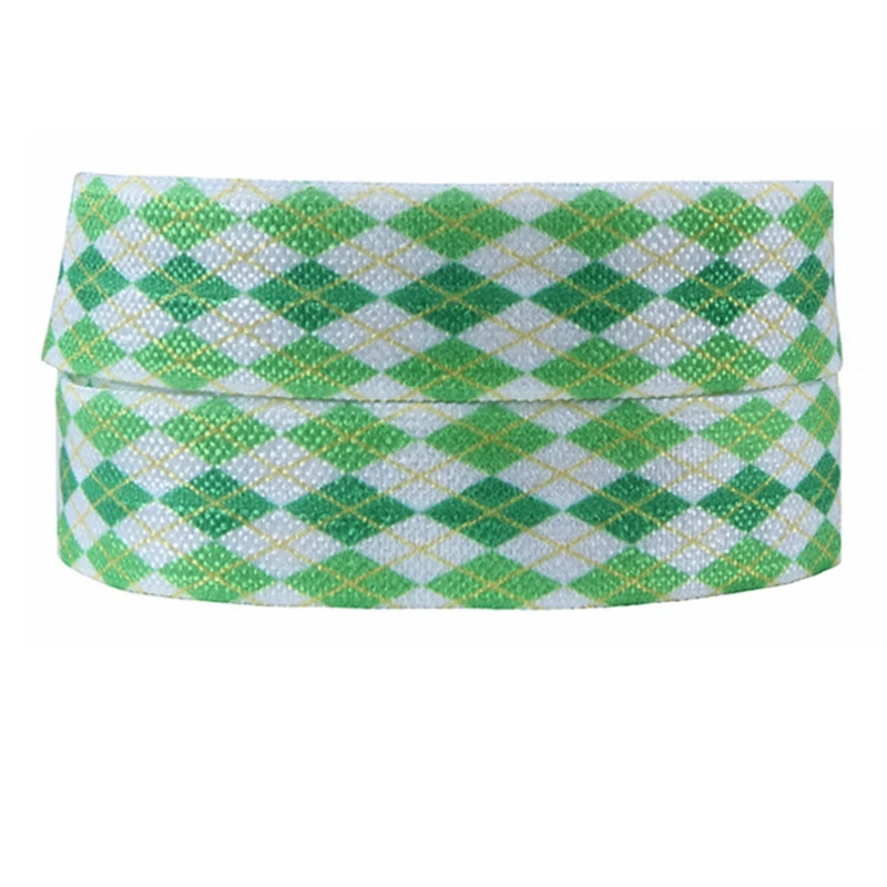 

(50 yards/lot) St. Patrick theme Plaid fold over elastic ribbon for baby headbands