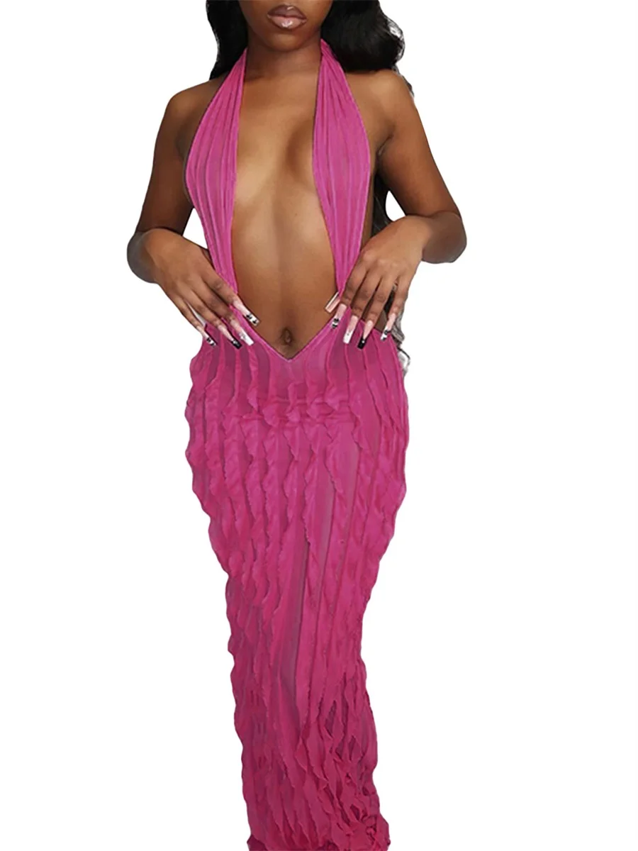 

Women Halter V Neck Dress Sleeveless Wrapped Hanging Neck Long Midi Dress Deep V Neck Cutout Ruched Party Dress