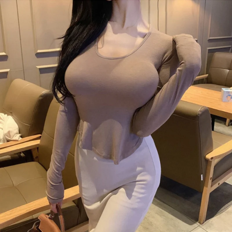 

Sexy Slim Big Bust T-shirt Long Sleeve Top Women Transparent Sweet Asian Girl Tees Brown Tops Pink Tshirt Korean XCD2