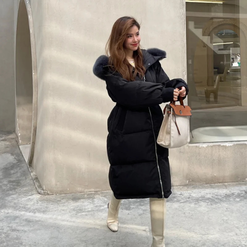 2022 Fox Fur Collar Womens Down Jacket Thickened Mid-length White Duck Down Jacket for Women