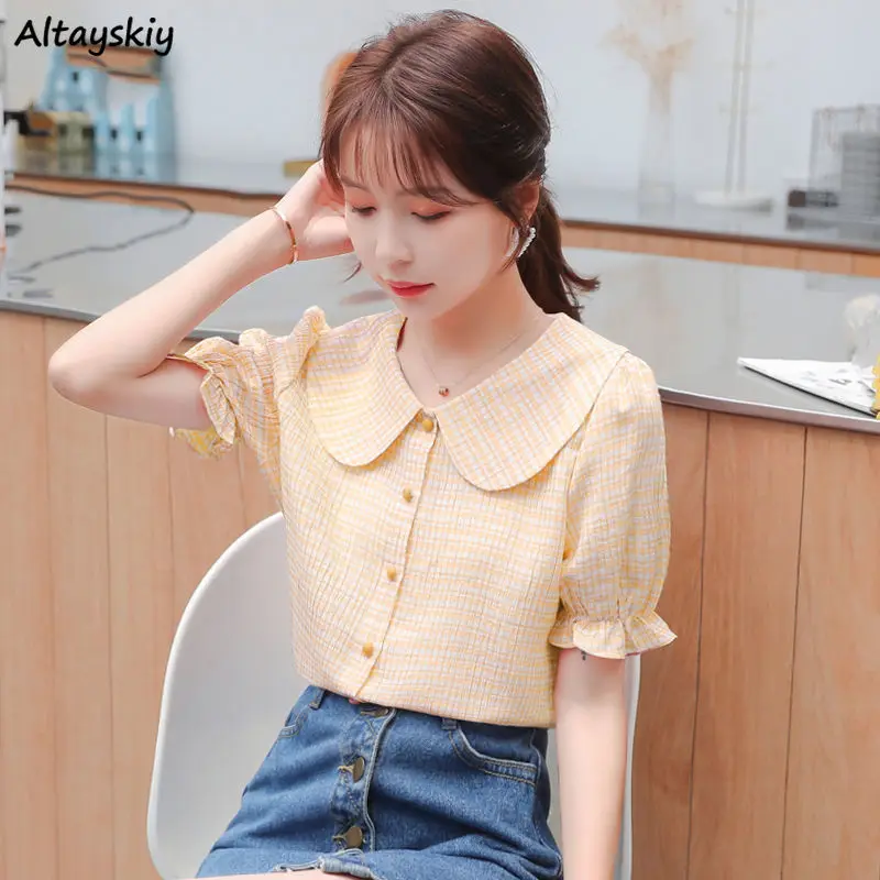 

Shirts Women Summer Fashion Temper Peter Pan Collar Sweet Casual Korean Style Trendy Young Petal Sleeve Popular New Design Ins