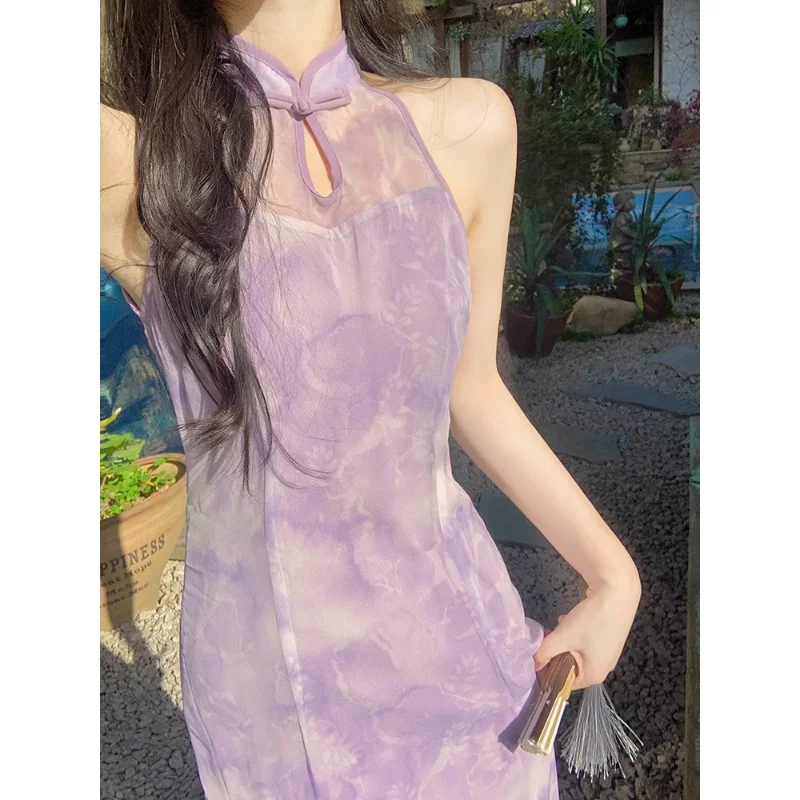 

French Purple Stand Collar Printed Sleeveless Slim Cheongsam Women's Clothing Chinese Traditional Dress Improved Modern Qipao