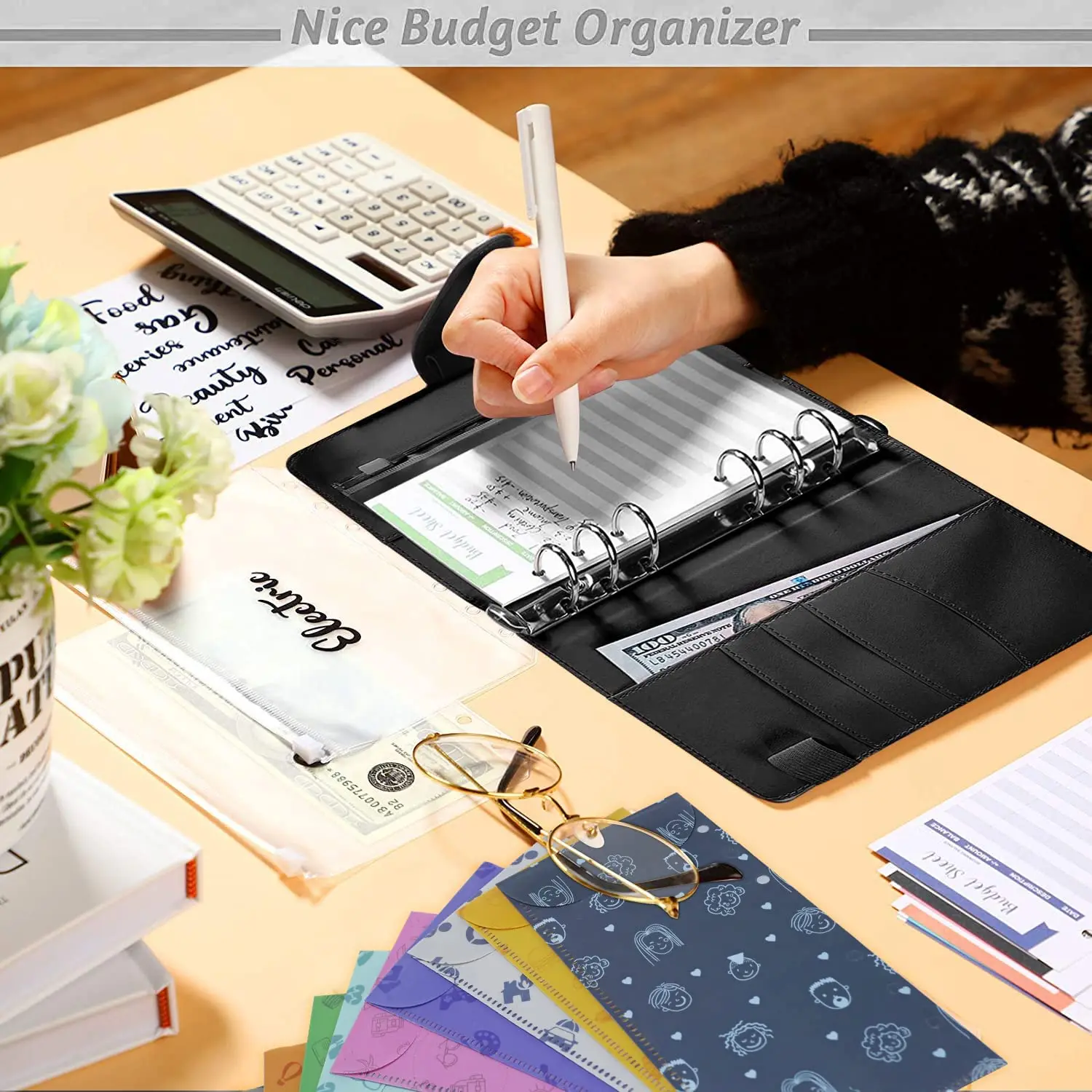 35Pcs A6 PU Leather Budget Binder Notebook Cash Envelopes  System Set,with Binder Pockets for Money Budget Saving Bill Organizer images - 6