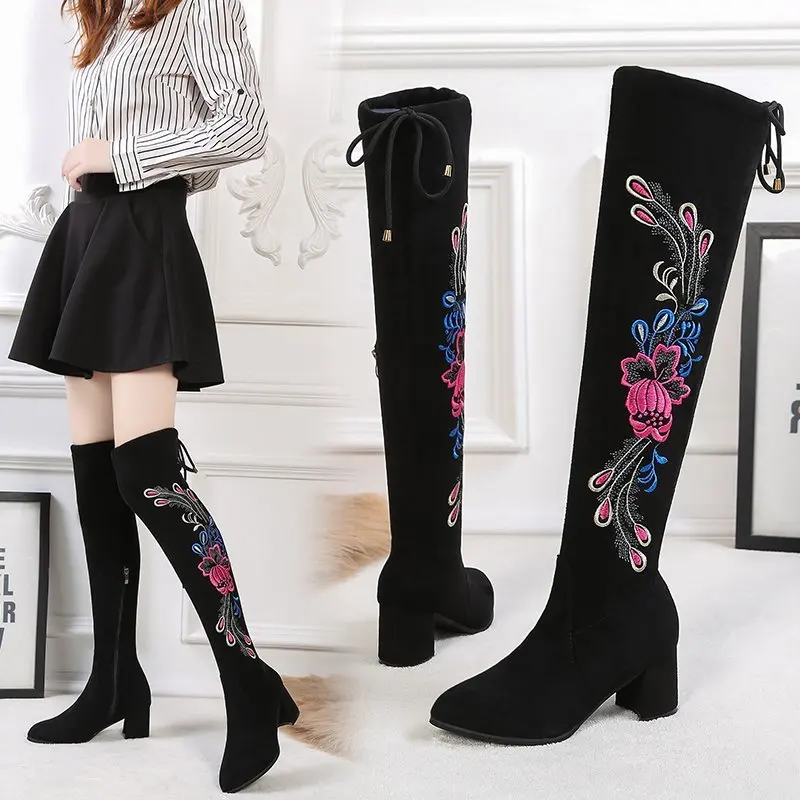 

2023 Ethnic-style Embroidered Stretch Long Boots Women Autumn Office Shoes Fashion Winter Warm Shoes Female over-the-knee Boots