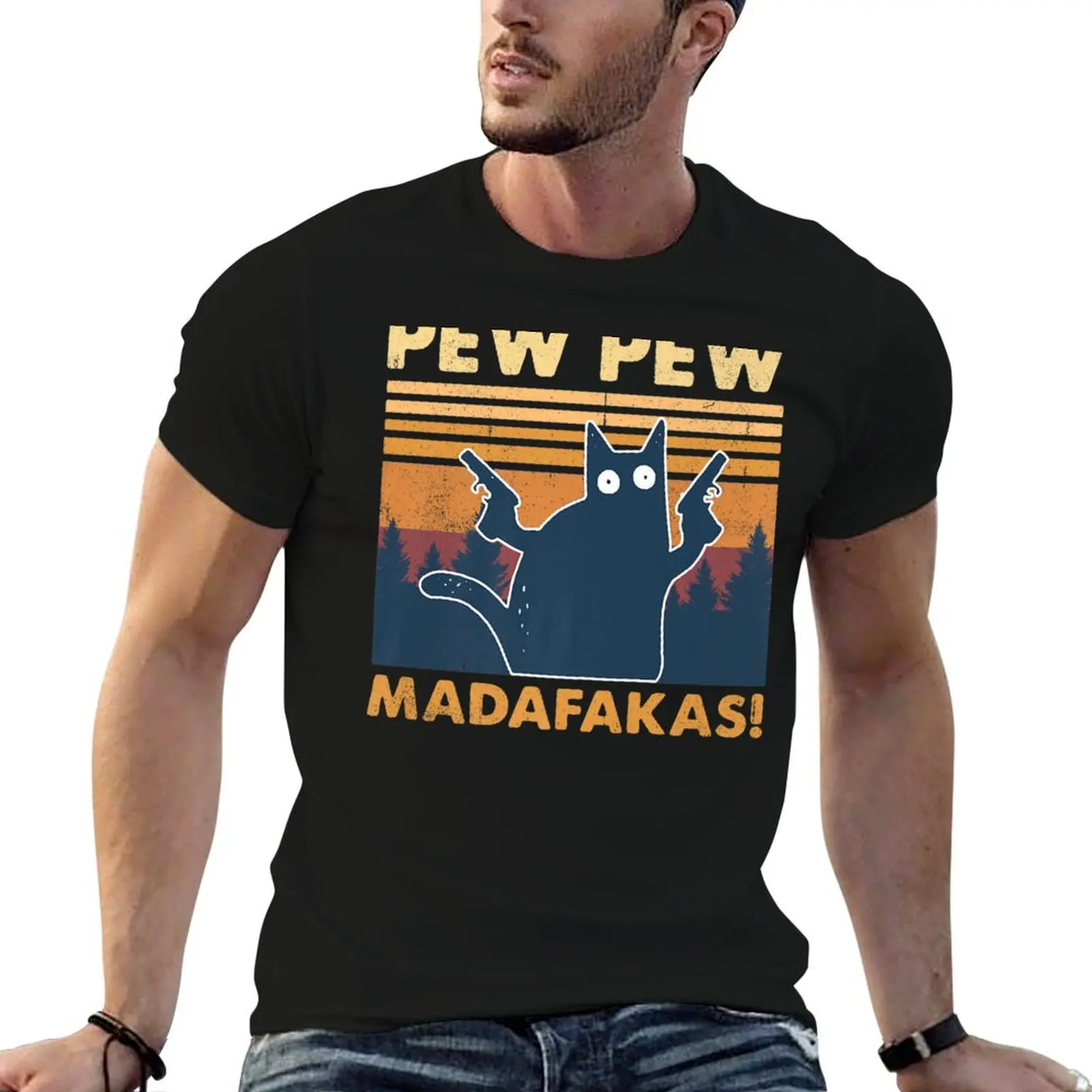 Фото Винтажная футболка Pewpewpew Mada-Fakas Crazy Pew Cat, персонализированная мужская футболка, хлопковые футболки для мужчин, хлопковая футболка №1