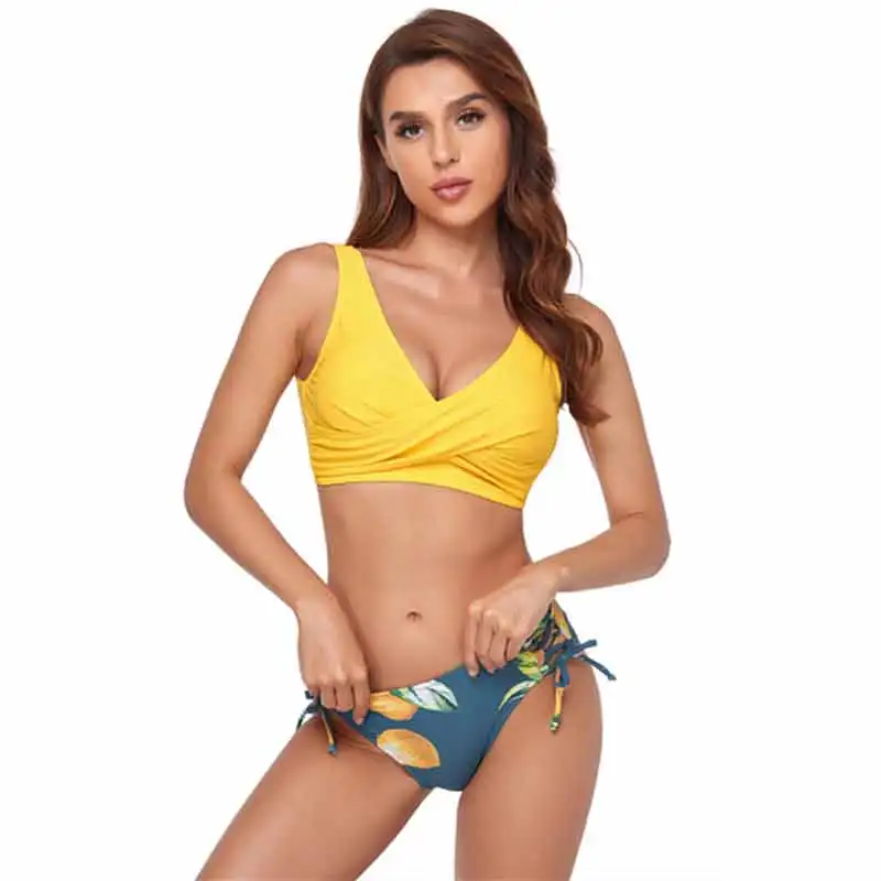 

New Yellow and Lemon Print Mid-Waist Bikini Set Swimsuit Women Lace Up 2022 Sexy Two Pieces Swimwear Bandage Beach Bathing Suit