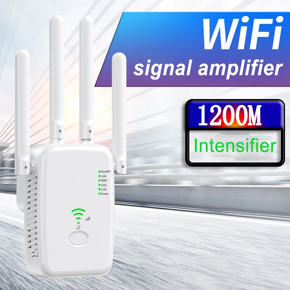 

Dual Band 2.4Ghz/5Ghz Repeater Signal Amplifier Wide Coverage WiFi Long Range Extender with 4 External Antennas for Office Home