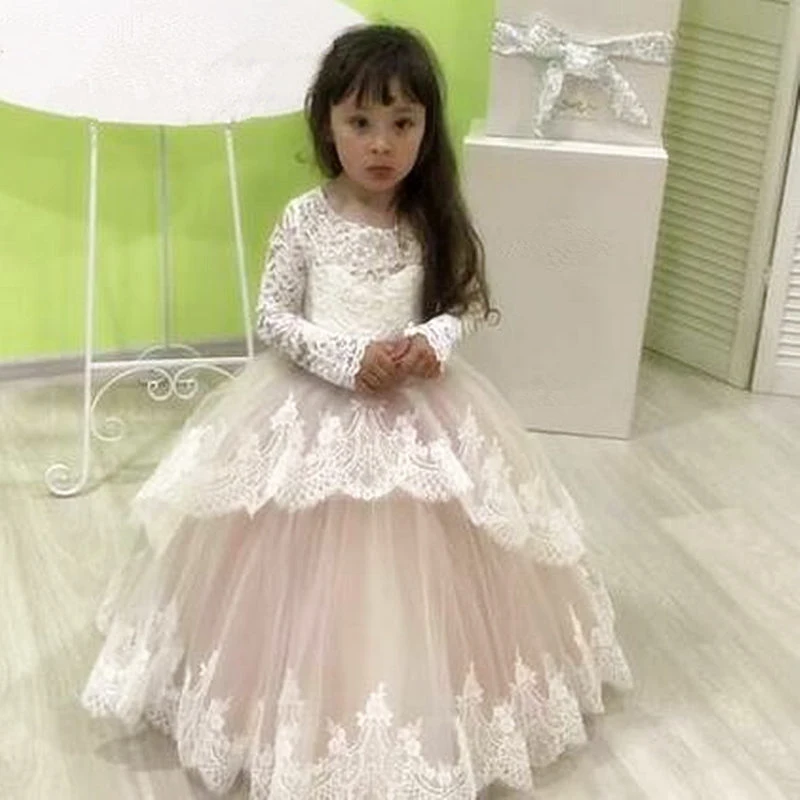 

New Lace Flower Girl Dress For Wedding Long Sleeve Princess Appliqued Bow Kids First Communion Dresses Girl Party Gown Custom