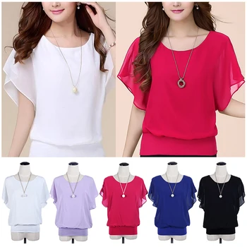 Summer New Women's Clothing Plus Size Solid Color Sweet Short-Sleeved Casual T-shirt Chiffon Shirt Batwings Clothes 6