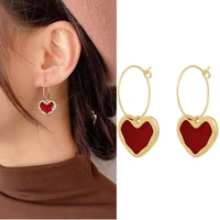 2022 korean fashion vintage red enamel heart dangle earrings hoop for women girls aesthetic love female drop earring retro trend