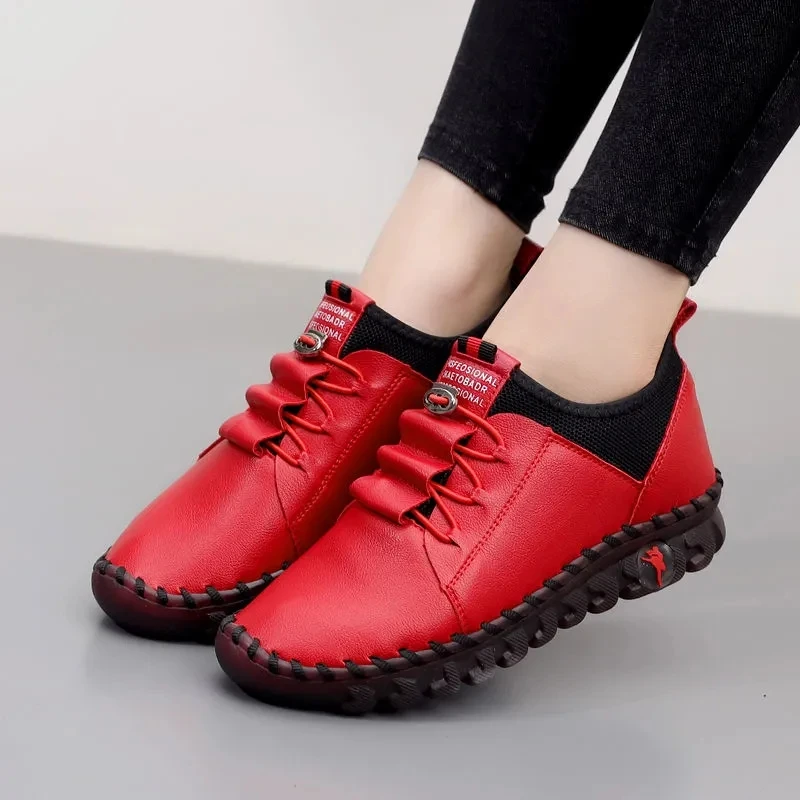 Sewing Oxfored Sneakers Black Beige Red Loafers Women Leather Soft Sole Spring Flats 2022 Luxury Brand Womens Leather Moccasins