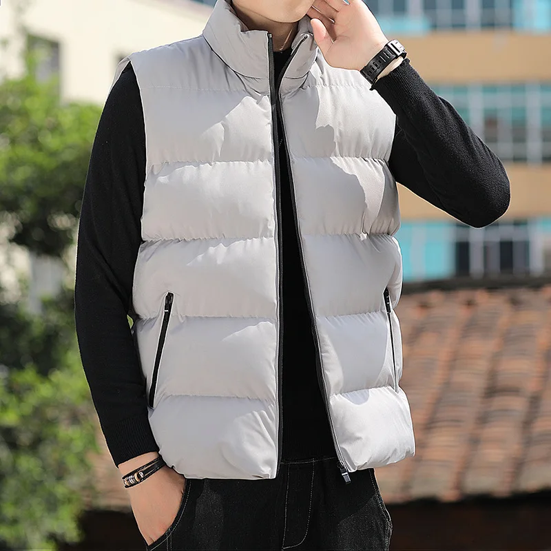 New Men's Down Cotton Vest Autumn Winter Sleeveless Casual Jacket Vest Thickened Warm Zipper Stand Collar Quilted Shoulder Coat