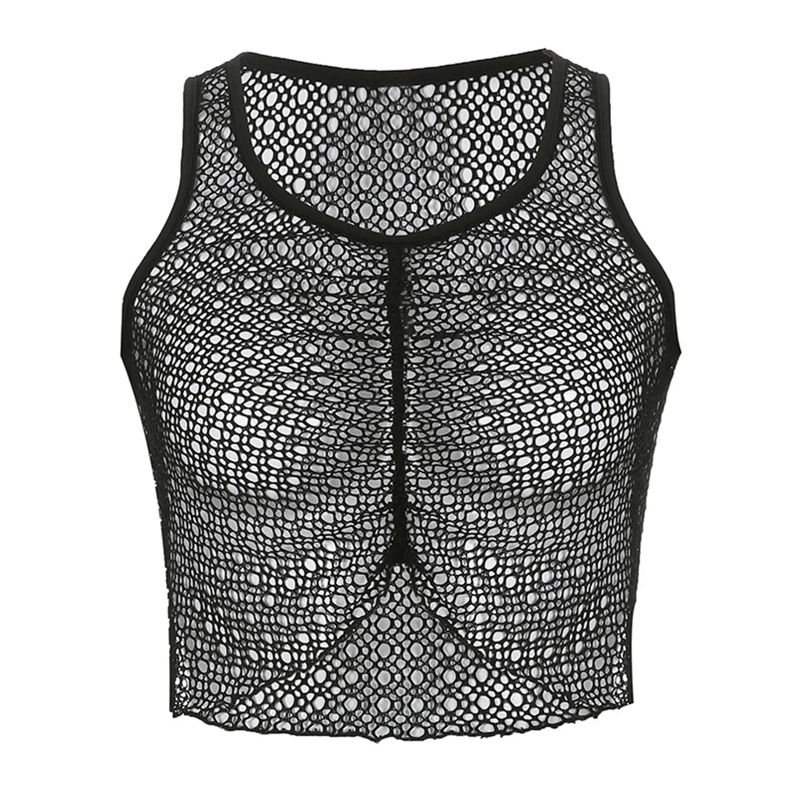 

Womens Fashion Hot Summer Hollow Out Ruched T-Shirt See-through Asymmetrical Hem Sleeveless Tank Crop Top Vest