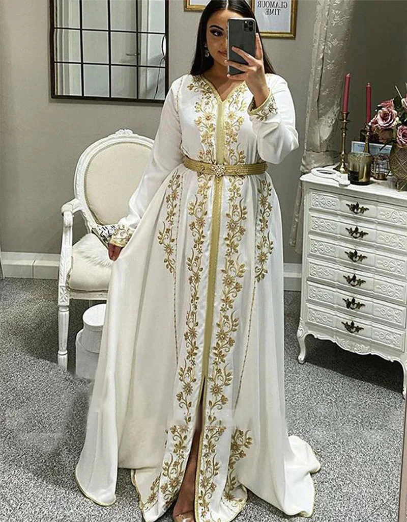 Fashion New Muslim Style Loose Embroidered V-neck Long Sleeve Split Belt Casual Solid Color Women's Dress