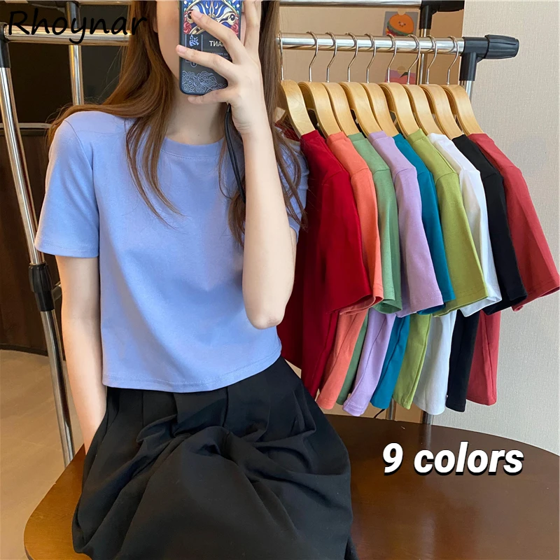 

Short Sleeve T-shirts Women Crop Tops Candy Color Basic Tender All-match Mujer Clothes Aesthetic Tees College Young Tender Chic
