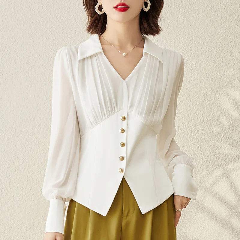White blouse 2022 spring new chiffon pleated waist shirt slimming lantern sleeve  top  Casual  Chiffon  Solid  Turn-down Collar