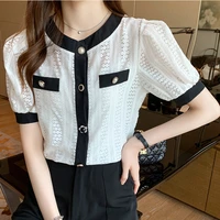 solid color lace women blouses shirts summer round neck bubble sleeve white shirt lace blouse blusas mujer de moda new 680f
