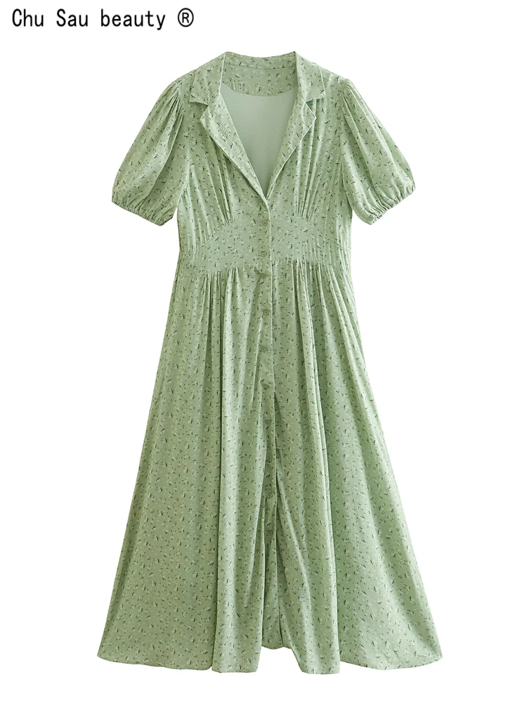 

French Vintage Floral Print Dress 2022 Fashion Cottagecore Single Breasted Folds Puff Sleeve Patchwork Slim Dress Women Vestido