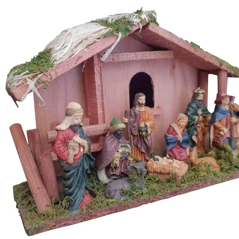 

Resin Jesus Nativity Scene Art Statue Figurines Set For Home Office Tabletop Decor With LED Lights Christmas Ornament Kid Gifts