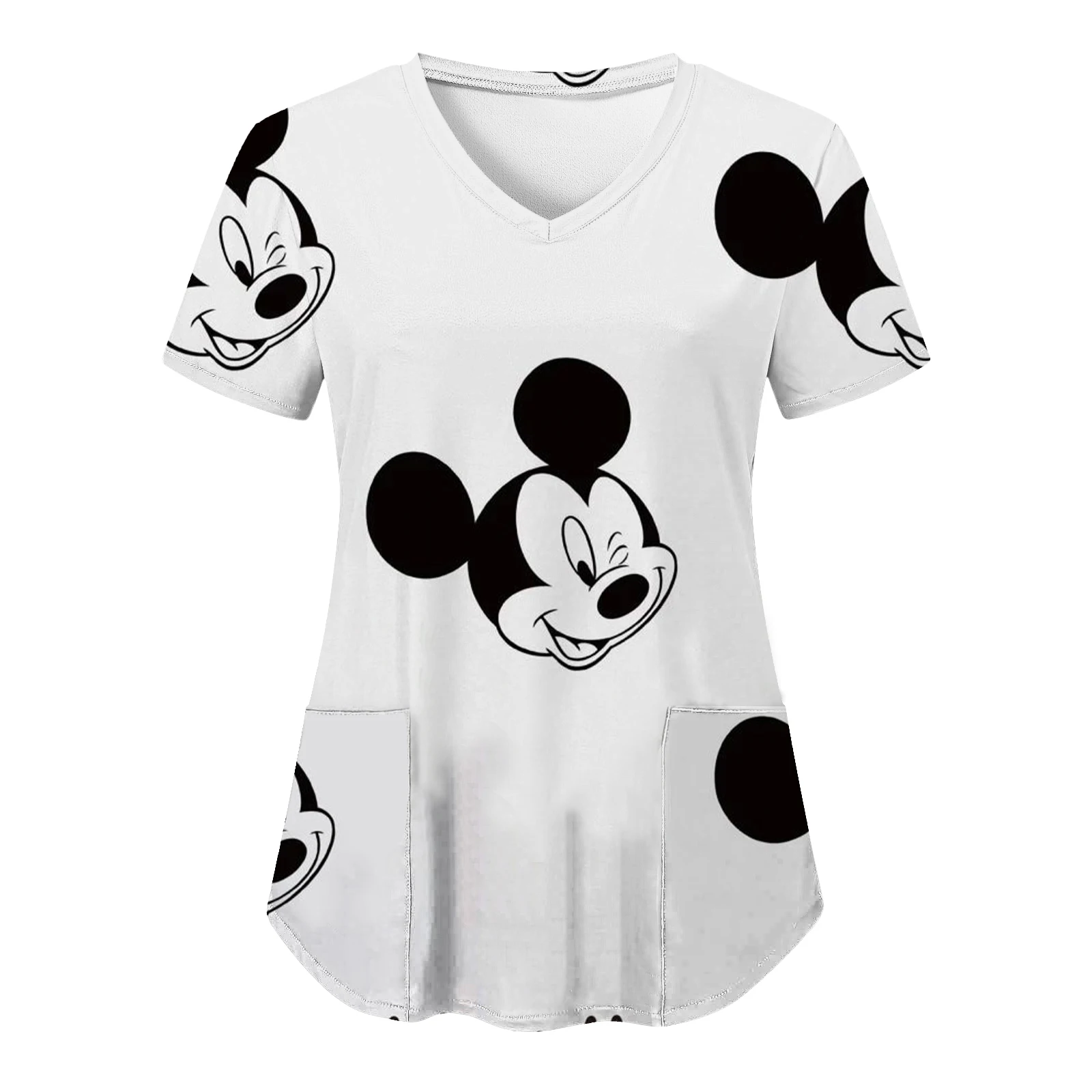 

Hospital Woman Clothes Disney T-shirt Pocket Top Women 2023 Mickey Minnie Mouse Shirts Summer T-shirts V Neck Tops Nurse Uniform