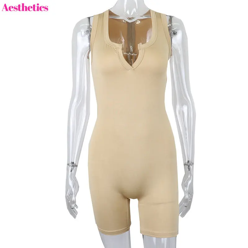 Women Fitness Yoga Skinny Playsuits Deep V Neck Back Zipper Bodysuits Streetwear 2023 Summer Biker Sports Jogging Romper