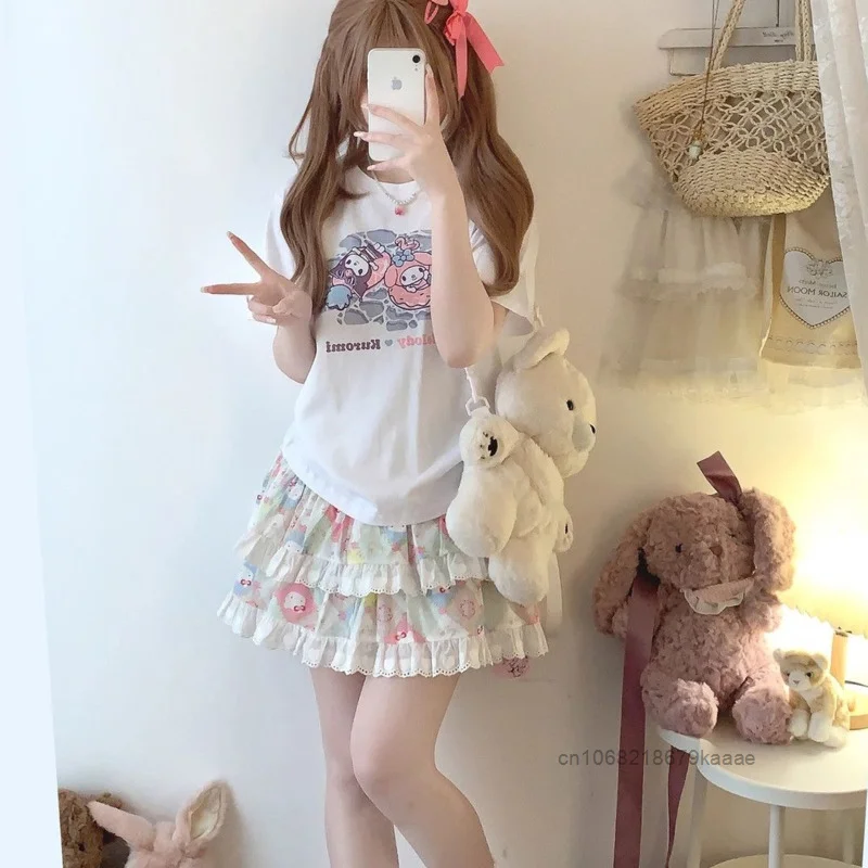 Женская милая пушистая юбка с мультяшным рисунком Y2k мягкая кружевная Короткая