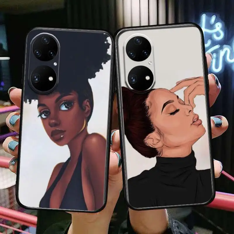 

African Black Girl Phone Case For Huawei p50 P40 p30 P20 10 9 8 Lite E Pro Plus Black Etui Coque Painting Hoesjes comic fas