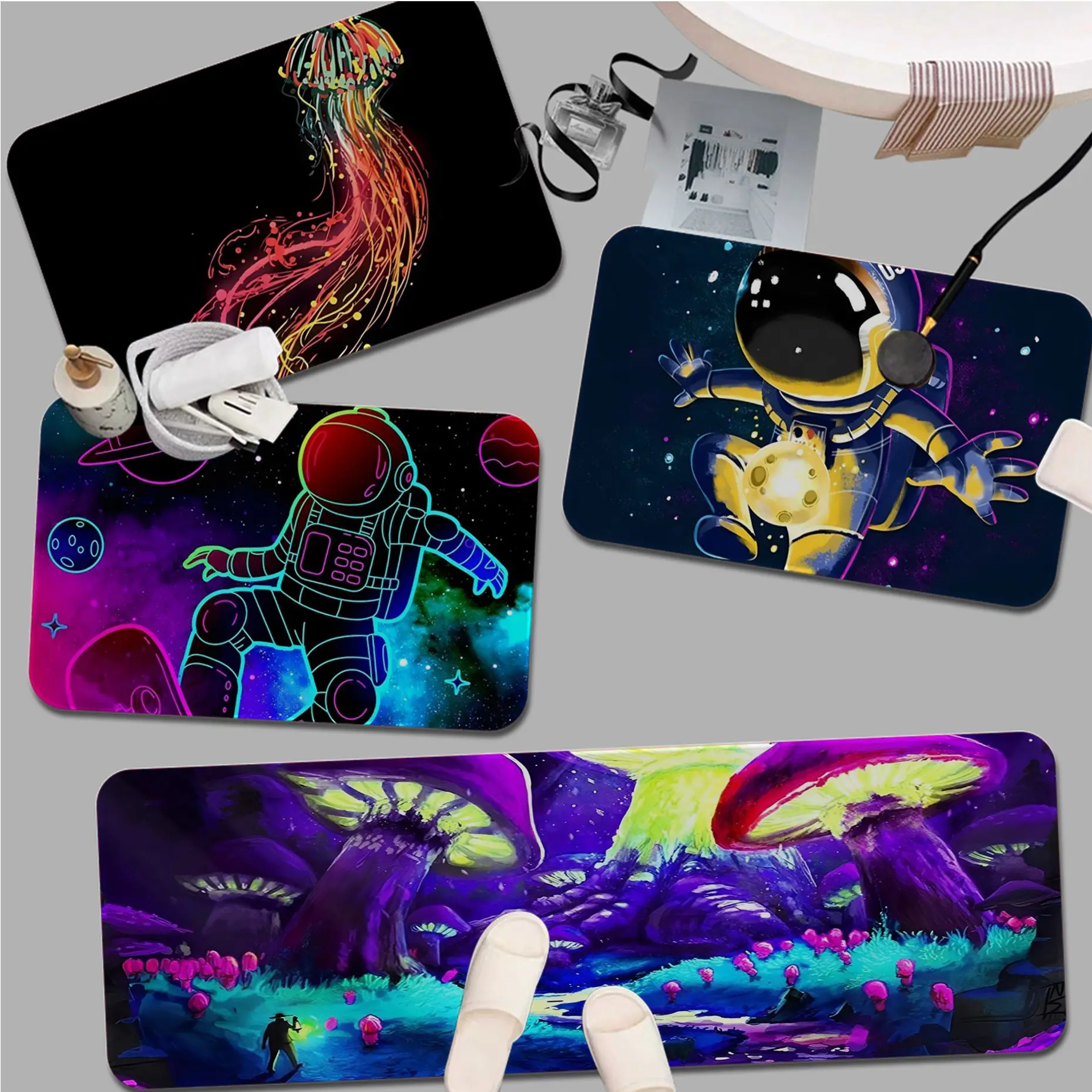 

Blacklight Astronaut Jellyfish Entrance Door Mat Rectangle Anti-slip Home Soft Badmat Front Door Indoor Outdoor Mat Toilet Rug