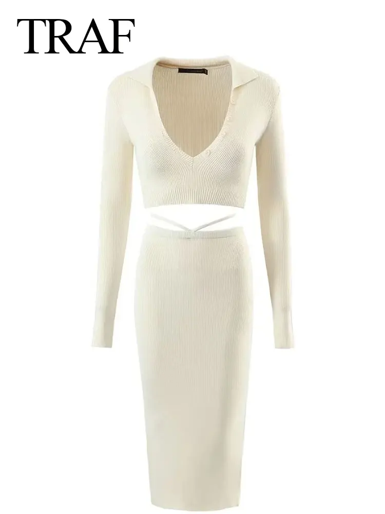 

Женская трикотажная Юбка-миди с V-образным вырезом и длинным рукавом