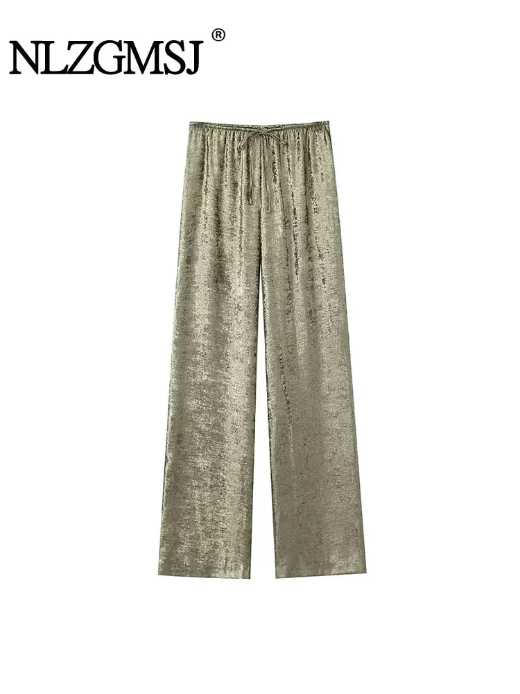 

Nlzgmsj TRAF Female Foil Wide Leg Pants Elastic High Waist Trousers Woman's Chic Casual Long Pants 2024 Streetwear Clothing