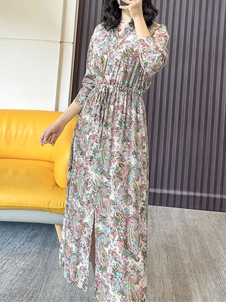 

100% Viscose Women Paisley Floral Dress Turn-down Collar Slit Long-sleeved Waist Drawstring Retro Midi Robe for Female