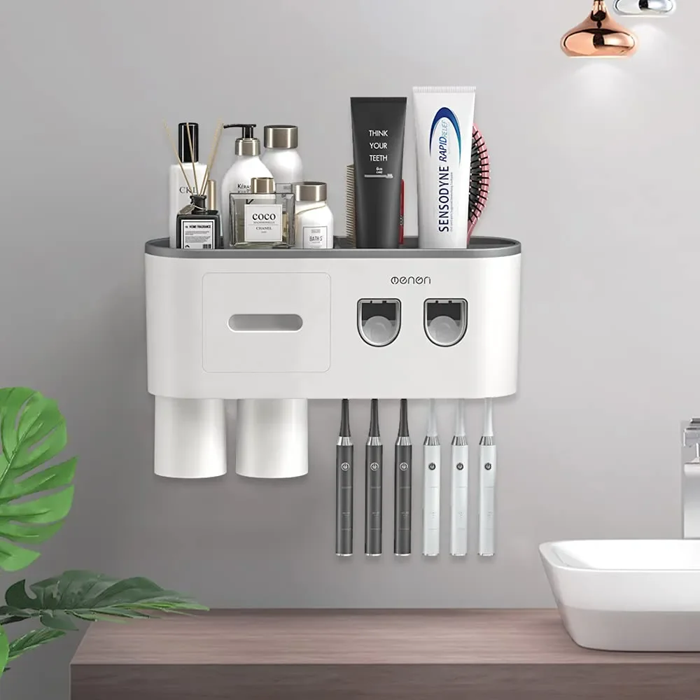 

Wall Toothpaste Dispenser Holder Kit, Mounted Toothpaste Double With Toothbrush Squeezer Dispenser Automatic