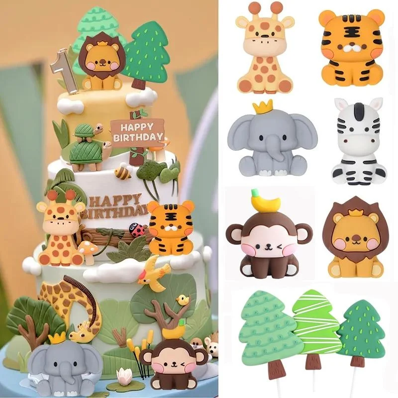 

Джунгли сафари животные торт Топпер Лев слон жираф фото на 1-й День рождения лес тропический детский душ
