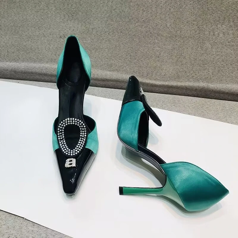 Women's Hollow Sandals 2023 Spring and Autumn New Color Block Letter Water Diamond Small Square Head High Heel Banquet Shoes