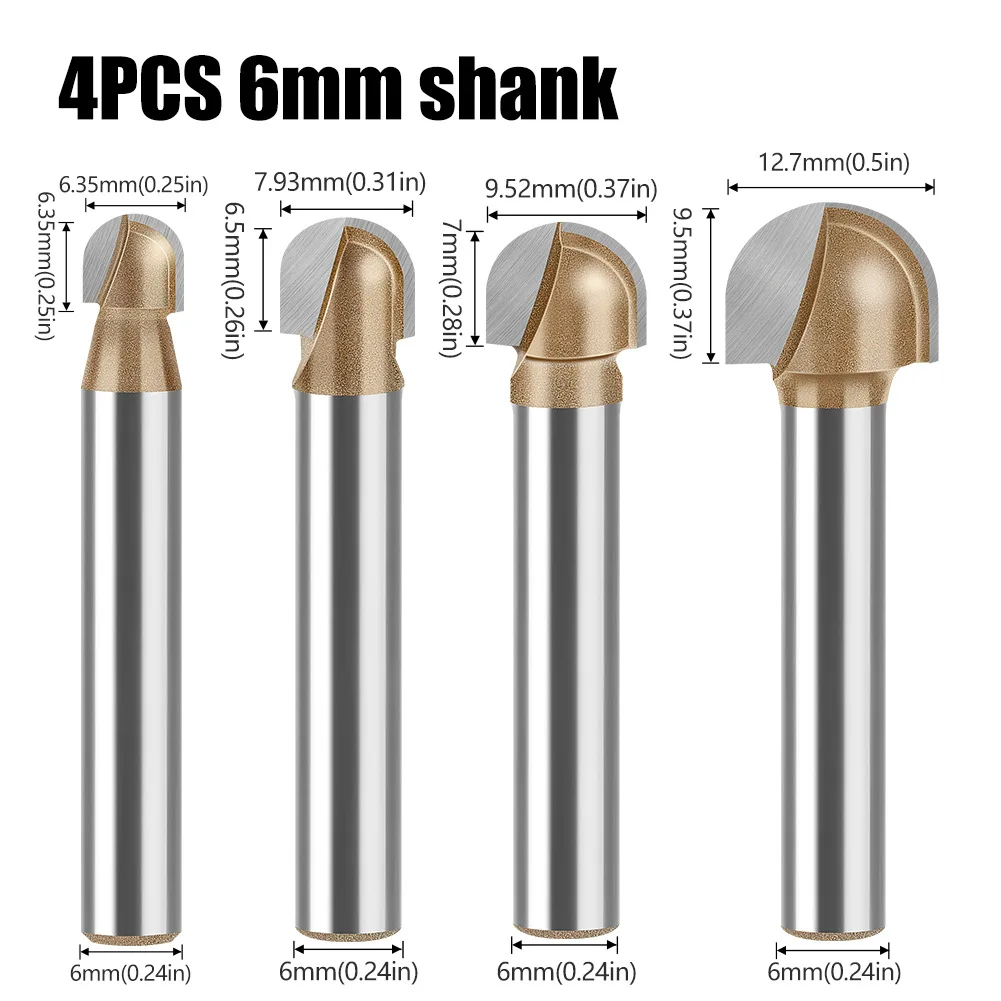 Фреза с круглым дном и хвостовиком 1/4 дюйма, 6 мм, долбежная фреза с круглым дном, фреза для резьбы по дереву с круглым дном