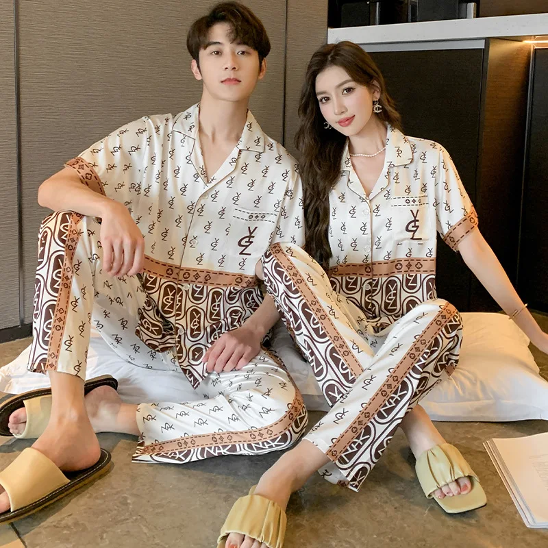 2023 New Summer Short Sleeve Couple Silk Ice Silk Printed Pajamas Men's Loose Large Homewear Set