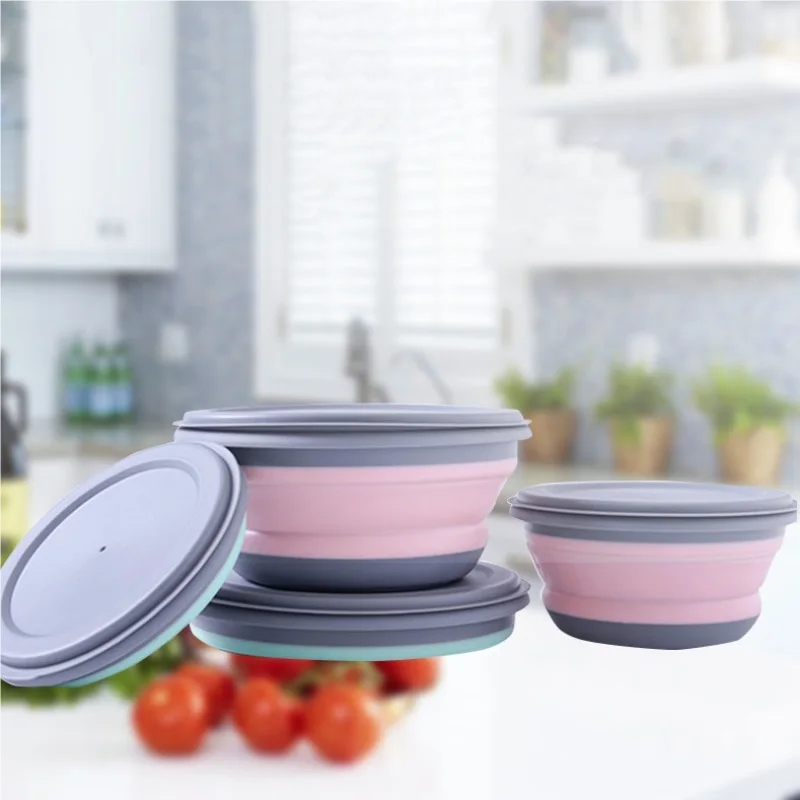 

Foldable Bowl Fruit Salad Food Portable Lunch Box With Lid Outdoor Silicone Picnic Tableware Bowls Dinnerware Kitchen Supplies