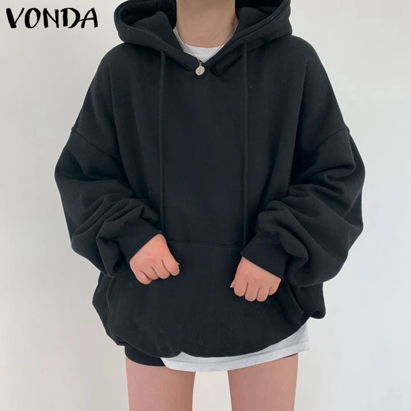 

Толстовки с капюшоном 2022 VONDA Женские повседневные плиссированные Теплые Мешковатые свитшоты с длинным рукавом Женские однотонные уличные ...