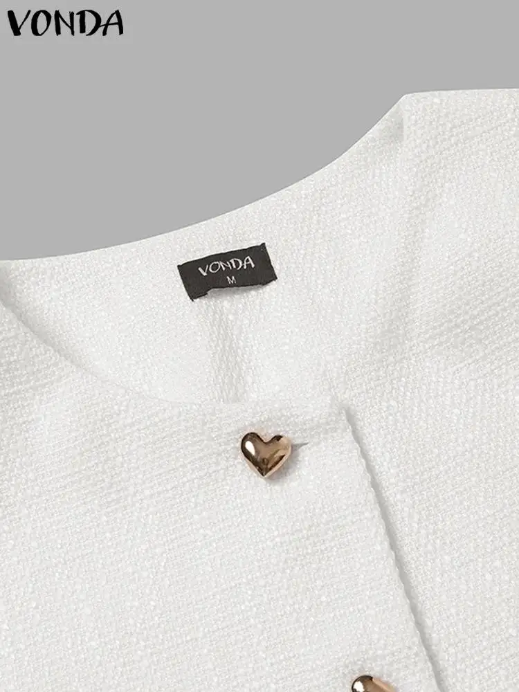 Summer VONDA Women Blazer Suit Tops 2023 OL Work Blouses Solid Short Sleeve Heart-shaped Buttons Oversized Blusas Streetwear