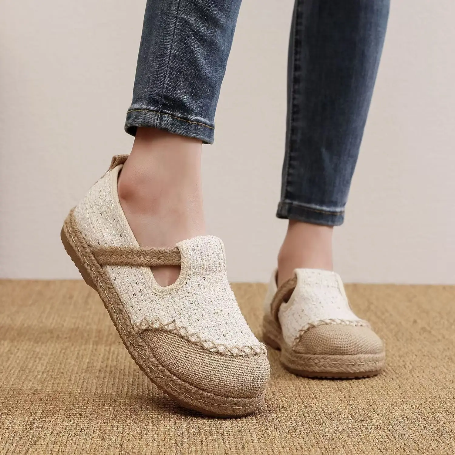 Women's Spring Autumn Linen Flats Woven Casual Shoe Soft Sole Non Slip Round Toe Ethnic Style Canvas Shoes Retro Handmade