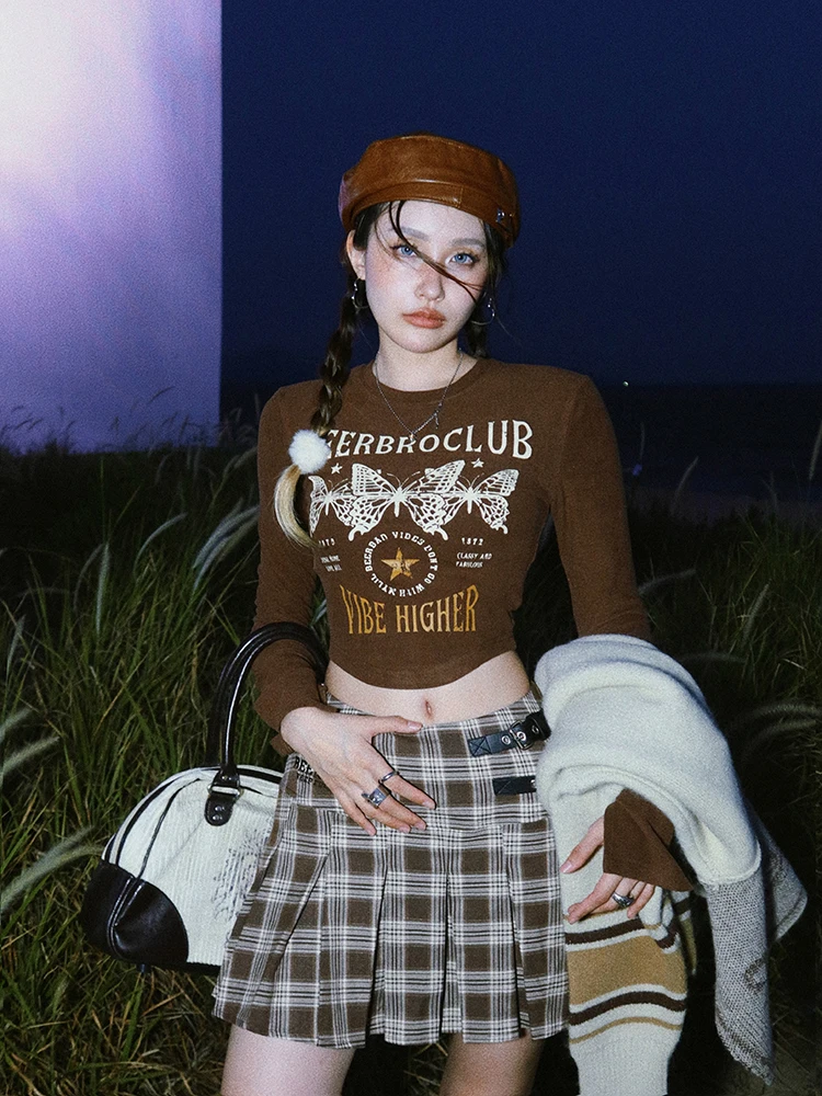 

Women Fashion American Vintage Long Sleeve T Shirts Harajuku Y2k Slim Crop Top Print Tee Streetwear Sexy Thin Autumn Clothes New
