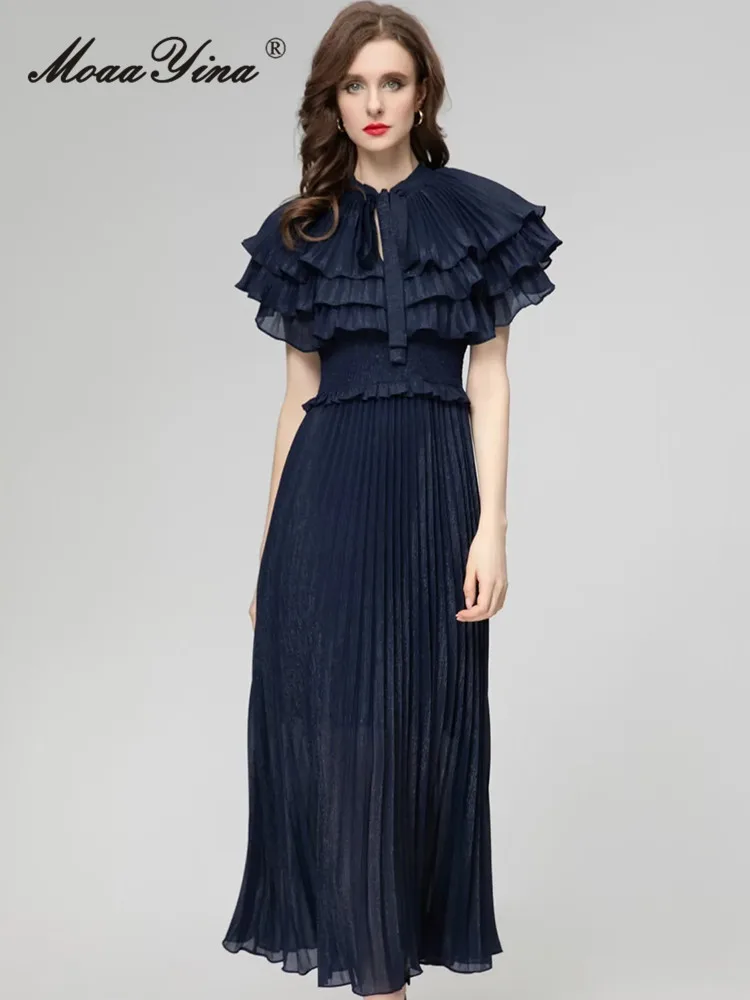 MoaaYina весеннее модное подиумное темно-синее винтажное плиссированное платье для